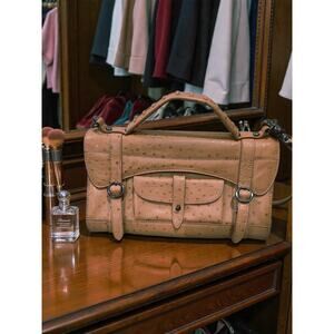 Exquisite Via Spiga Embossed  Ostrich Print Leather Top Handle Handbag